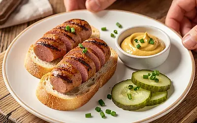 Grilled sausage with mustard and pickled cucumber