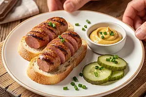 Grilled sausage with mustard and pickled cucumber