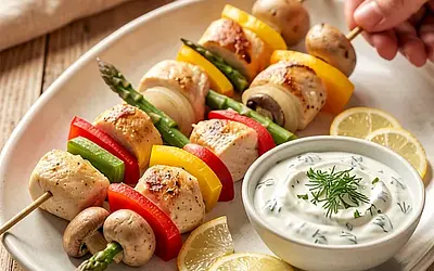 Chicken breast and spring vegetable skewers