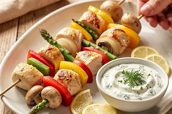 Szaszłyki z piersi z kurczaka i wiosennych warzyw