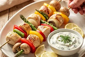 Chicken breast and spring vegetable skewers