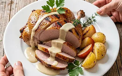 Grilled duck with apples in Polish style