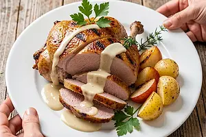 Grilled duck with apples in Polish style