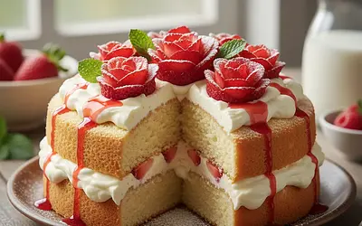Fluffy Sponge Cake with Vanilla Cloud and Strawberry Rose