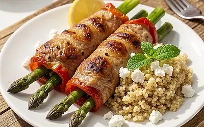 Lamb kebab skewers with asparagus and millet