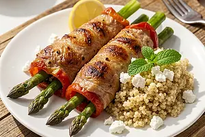 Lamb kebab skewers with asparagus and millet