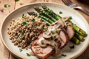 Grilled pork tenderloin with mushroom sauce, spelt and asparagus