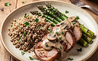 Grilled pork tenderloin with mushroom sauce, spelt and asparagus