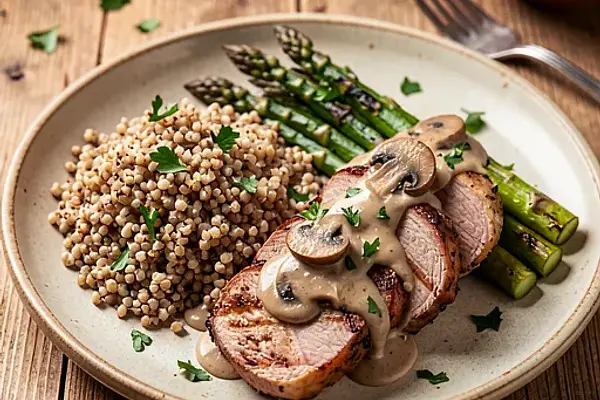 Polędwiczka wieprzowa z grilla z sosem pieczarkowym, pęczak i szparagami