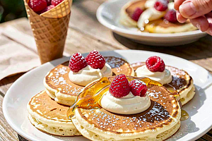 Street Pancakes with Curd, Fresh Raspberries, and Honey-Cream Mousse
