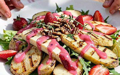 Summer Salad with Grilled Oscypek, Young Potatoes, and Strawberry Vinaigrette