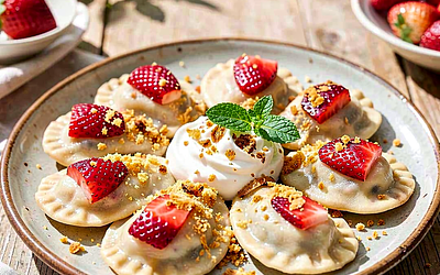 Pierogi z truskawkami i kwaśną śmietaną
