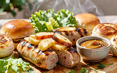 Grilled sausage with caramelized apples and honey mustard