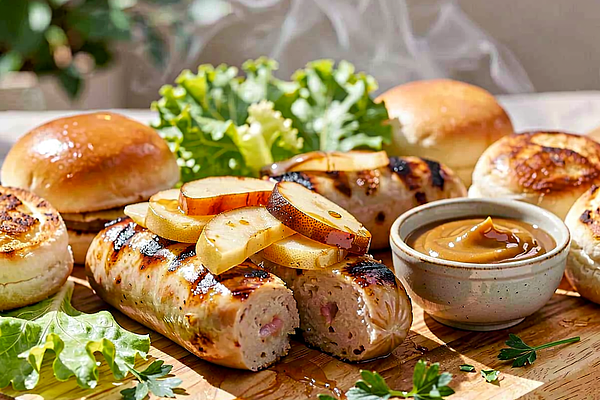 Kiełbasa z grilla z karmelizowanymi jabłkami i miodową musztardą