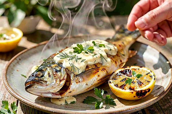 Pstrąg z rusztu z masłem koperkowym i grillowaną cytryną