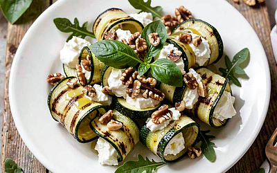 Grilled Zucchini Salad with Cottage Cheese and Walnuts