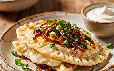 Pierogi ruskie z podsmażoną cebulką i świeżym szczypiorkiem