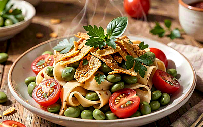 Pasta with broad beans, cherry tomatoes, and cracklings