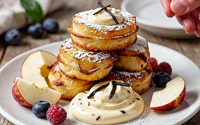 Racuchy z jabłkami podane z waniliowym twarożkiem