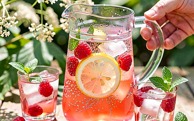 Lemoniada rabarbarowo-malinowa z kwiatem czarnego bzu i świeżą melisą