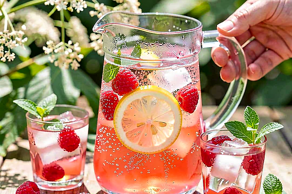 Lemoniada rabarbarowo-malinowa z kwiatem czarnego bzu i świeżą melisą
