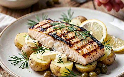 Grilled trout fillet on young potatoes with dill and lemon