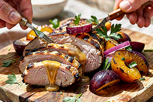 Grilled Pork Neck in Honey-Marjoram Marinade with Grilled Plum Salsa