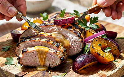 Grilled Pork Neck in Honey-Marjoram Marinade with Grilled Plum Salsa