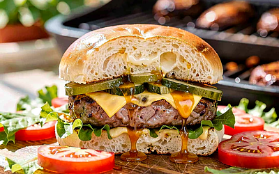 Pork Neck Burger with Pickled Cucumber and Honey-Mustard Sauce