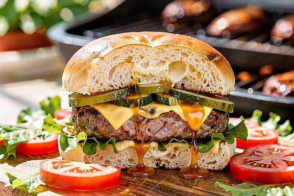 Burger z karkówki, kiszonym ogórkiem i sosem miodowo-musztardowym