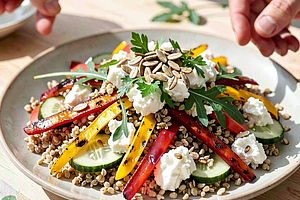Light salad with buckwheat, grilled peppers, and cottage cheese