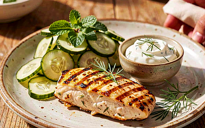 Grilled Chicken Fillet with Dill Yogurt and Cucumber Salad