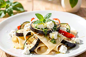 Tagliatelle z grillowanymi warzywami, twarogiem i świeżym bazyliowym pesto