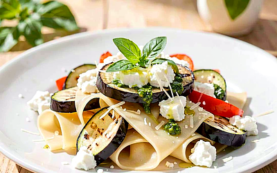 Tagliatelle with Grilled Vegetables, Cottage Cheese, and Fresh Basil Pesto