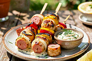 Polish Sausage Skewers with Onions and Peppers in Horseradish Sauce