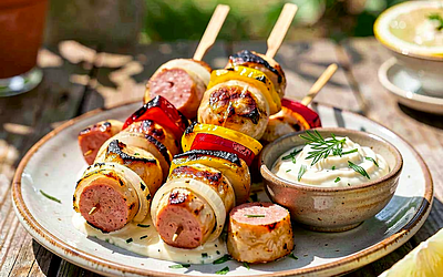 Polish Sausage Skewers with Onions and Peppers in Horseradish Sauce