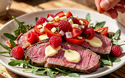 Polish Beef Steak with Raspberry Tomato Salsa and Arugula