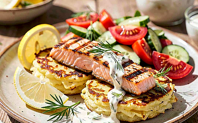Potato pancakes with grilled salmon and dill sauce