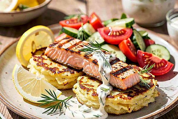 Placki ziemniaczane z grillowanym łososiem i sosem koperkowym