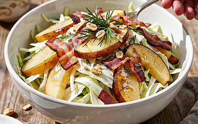 Young Cabbage Salad with Smoked Bacon and Roasted Apples
