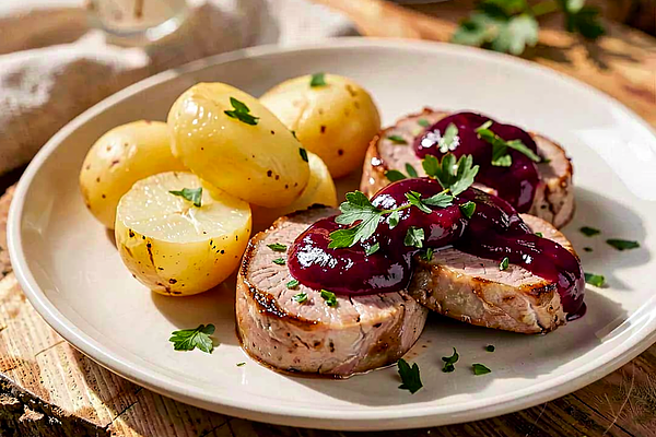 Pork tenderloins with plum sauce and young potatoes
