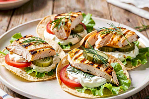 Tortilla with grilled chicken, pickled cucumber, and dill cottage cheese