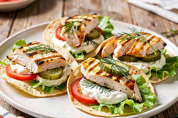 Tortilla with grilled chicken, pickled cucumber, and dill cottage cheese