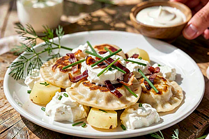 Pierogi z twarogiem i młodymi ziemniakami, podsmażane z boczkiem i szczypiorkiem