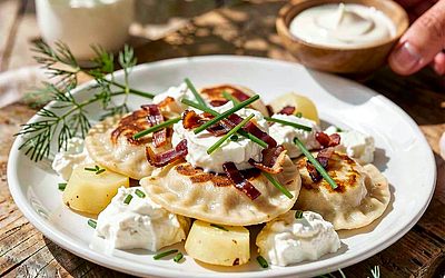 Pierogi z twarogiem i młodymi ziemniakami, podsmażane z boczkiem i szczypiorkiem