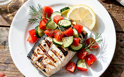 Grilled cod loin with tomato and cucumber salsa