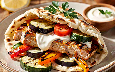 Kebab wiejski z karkówki, grillowanych warzyw i sosu czosnkowo-majonezowego