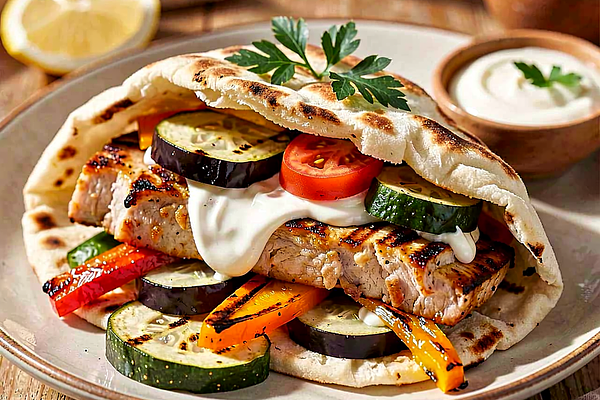 Kebab wiejski z karkówki, grillowanych warzyw i sosu czosnkowo-majonezowego