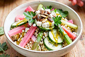 Rhubarb tabbouleh with millet, parsley, and cucumber