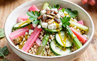 Rhubarb tabbouleh with millet, parsley, and cucumber